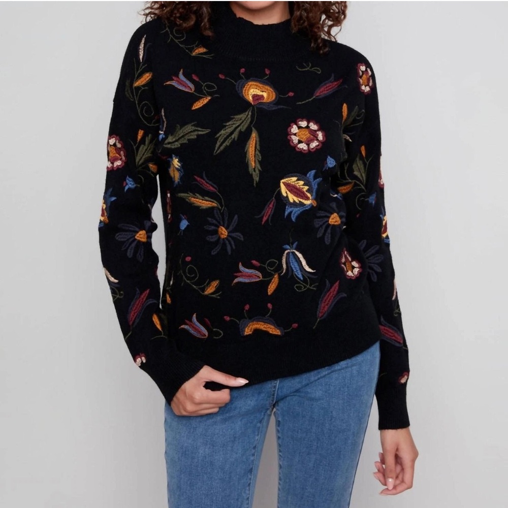 Charlie B Black Floral All Over Embroidered Sweater PS Multi-Color